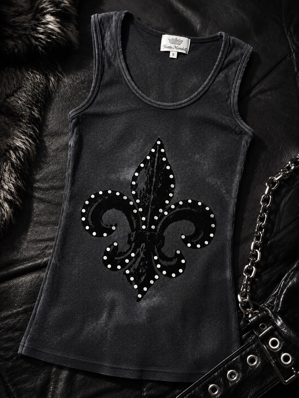 Vintage Yvette Mandel Fleur de Lis Rhinestone Tank Top Faded Black Y2K. S. NWOT